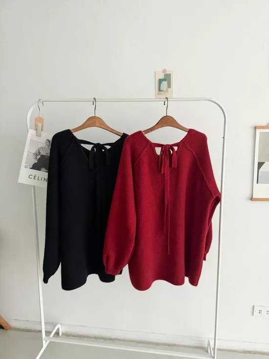 澎袖後綁帶針織短洋