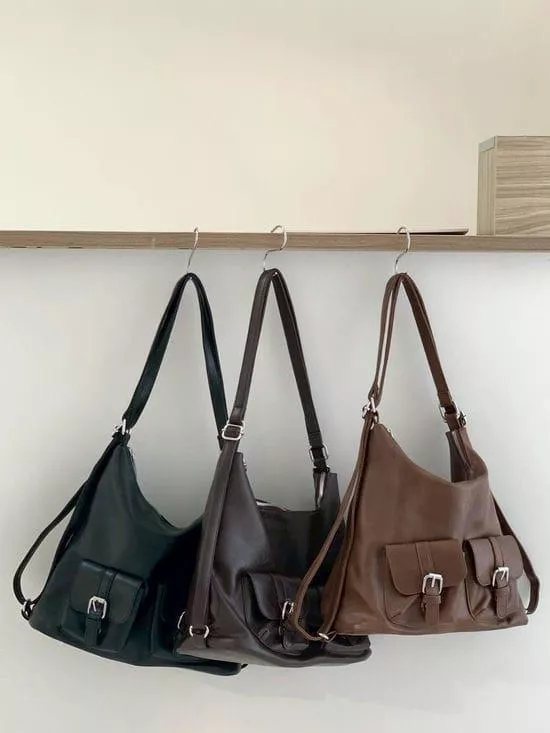 仿牛皮雙口袋三用包