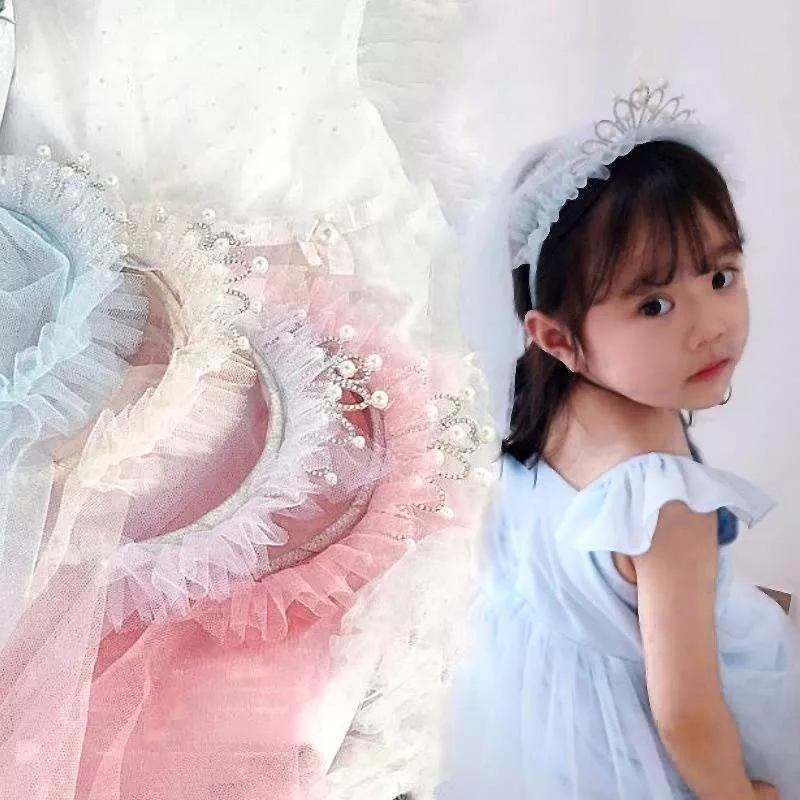 台灣現貨 可愛公主珍珠鑲鑽兒童髮箍 新娘髮飾 飄紗髮飾