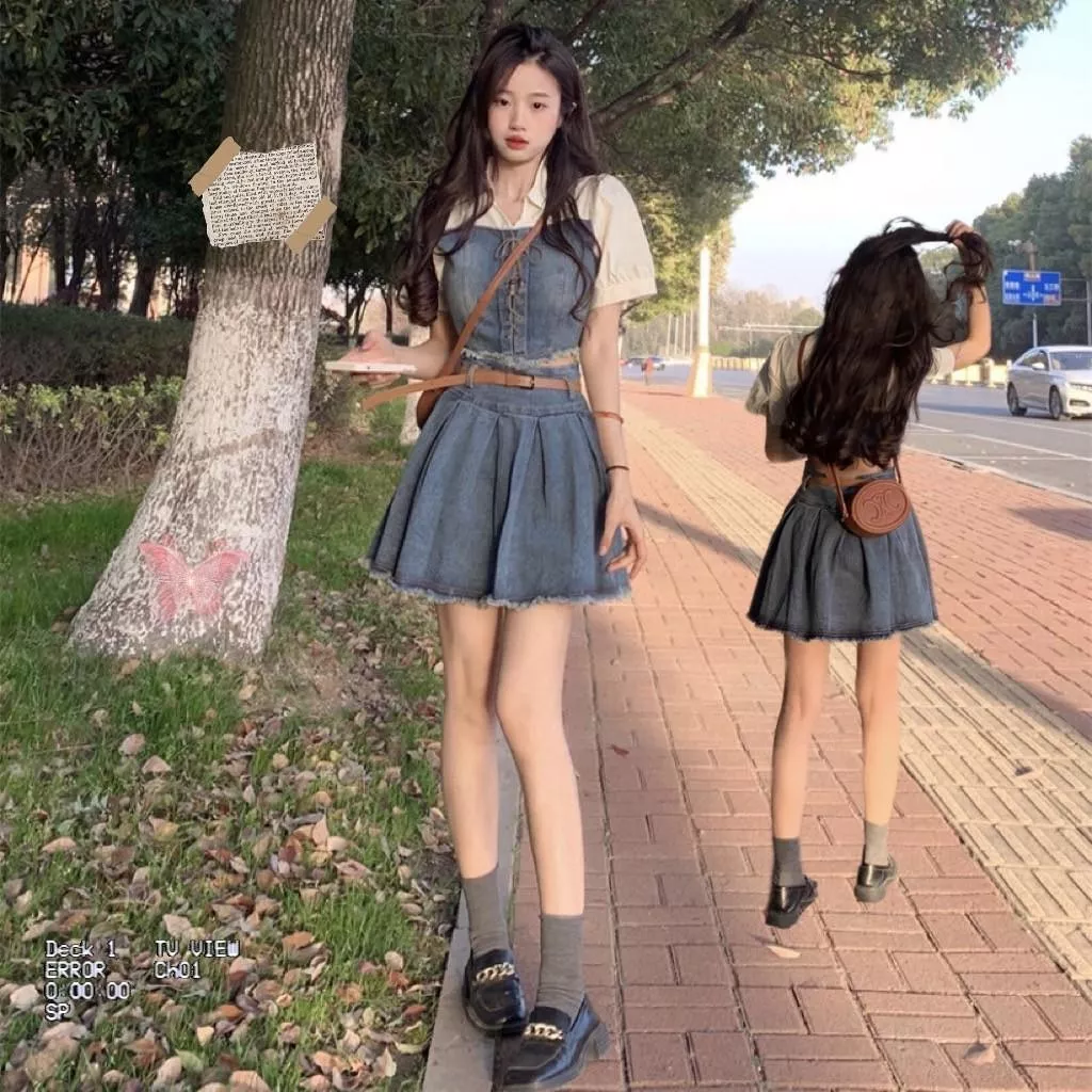 牛仔甜美拼接款套裝