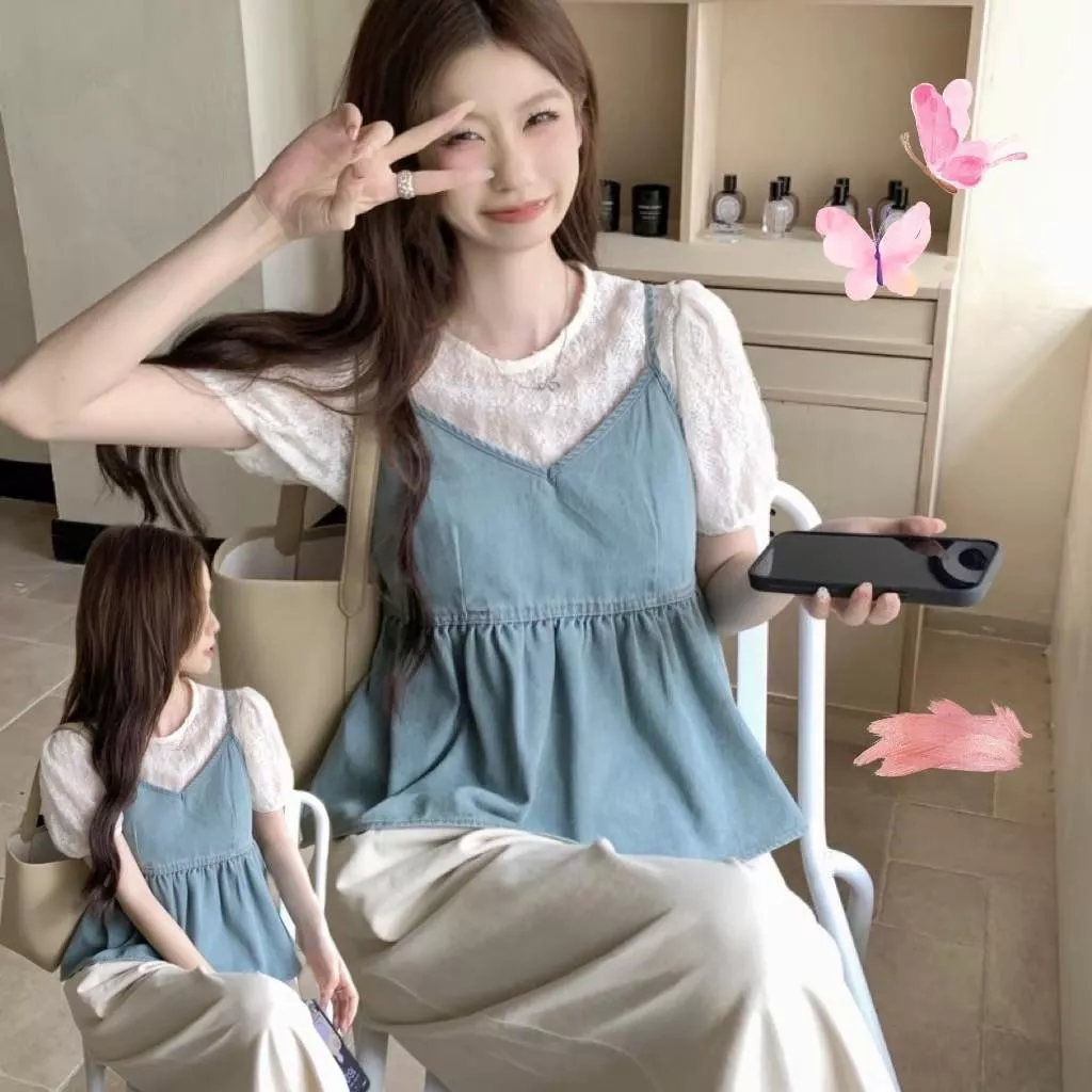 泡泡蕾絲牛仔吊帶夏日背心兩件套
