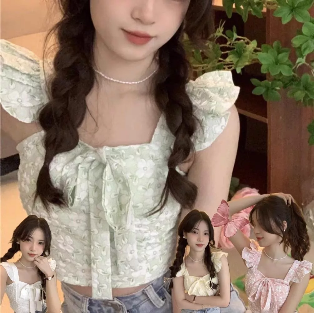 法式提花夏日吊帶蝴蝶結上衣