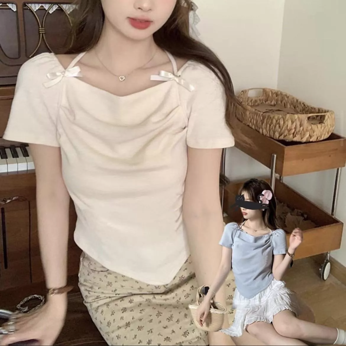 雙肩蝴蝶結不規則夏日上衣