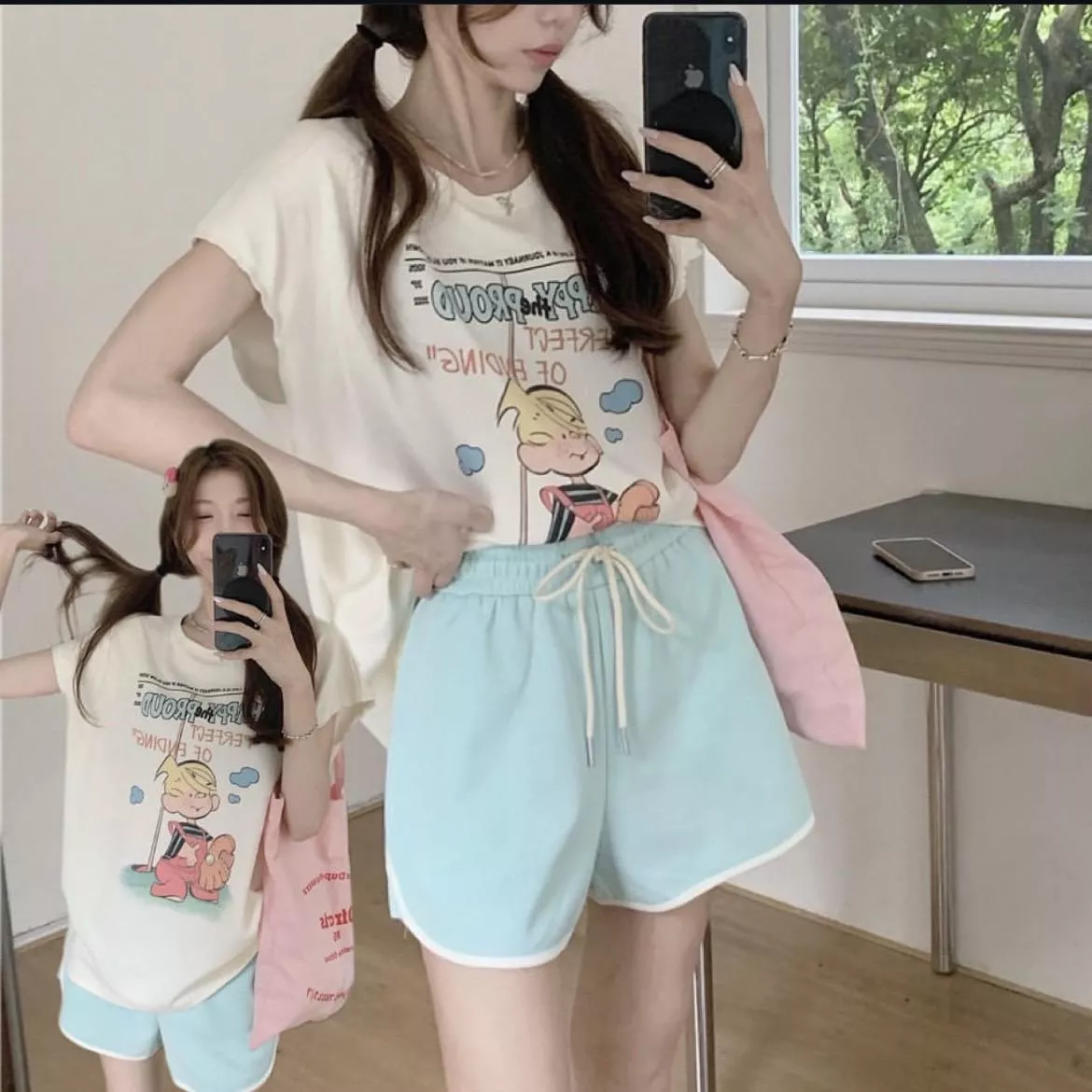 甜甜夏日女孩卡通印花套裝