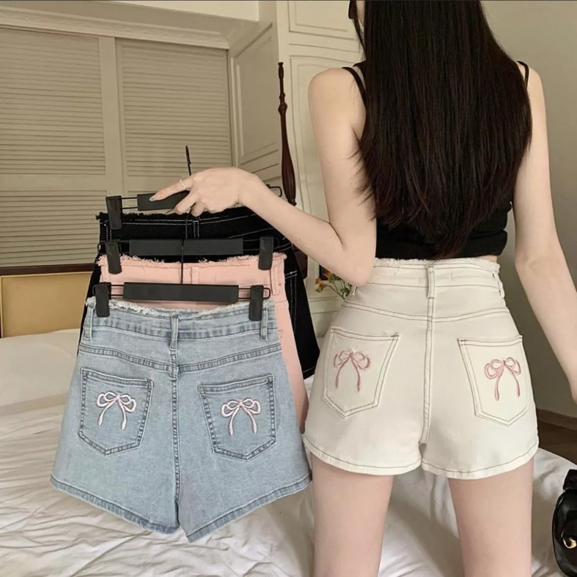 雙刺繡蝴蝶結夏日毛邊性感短褲