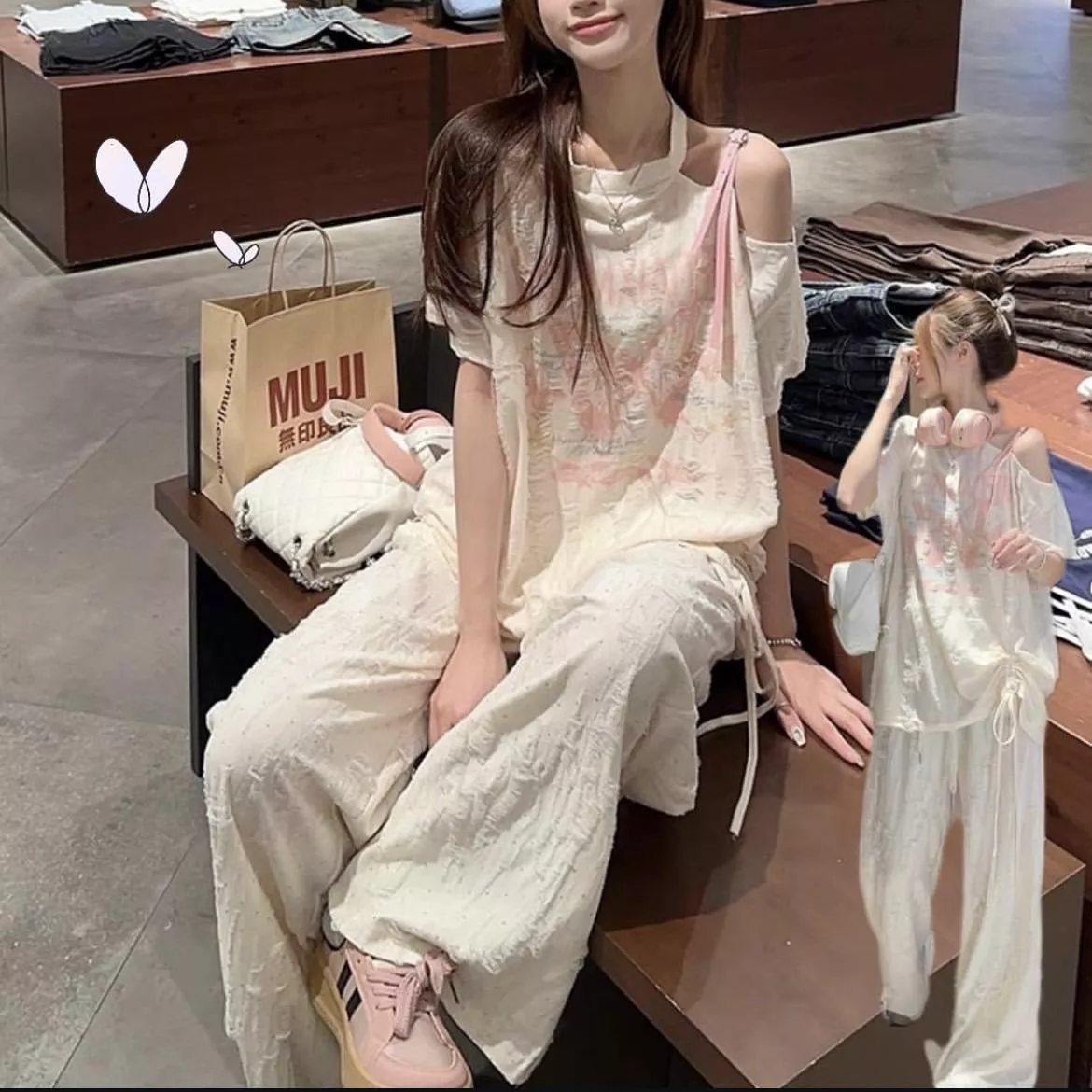 慵懶風夏日蝴蝶印花抽繩套裝