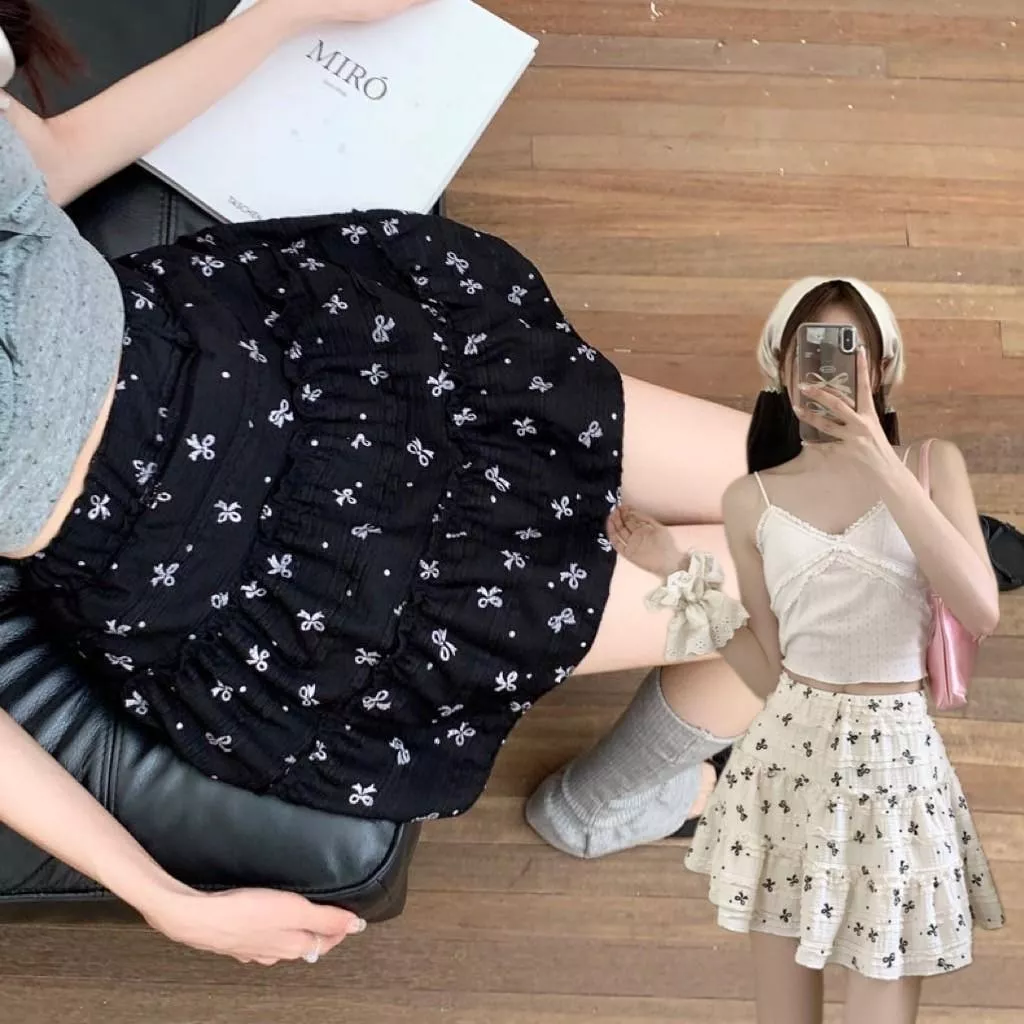 甜美不規則蝴蝶結印花夏日高腰A字蛋糕裙
