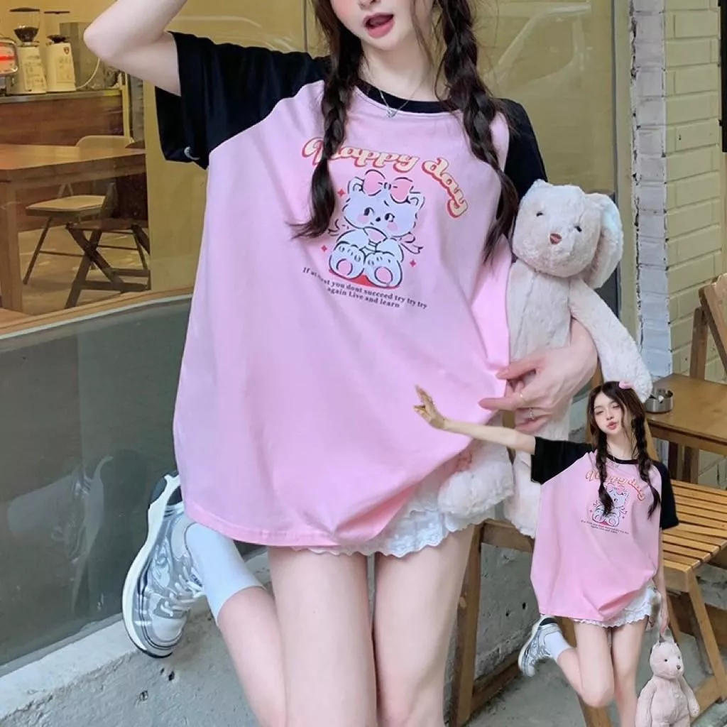 可愛貓咪拼接圓領百搭上衣