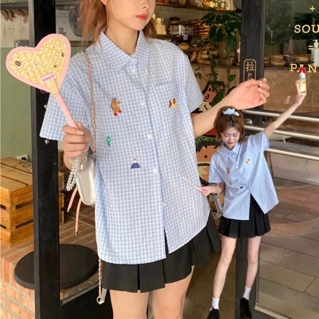 可愛刺繡格子夏季襯衫上衣