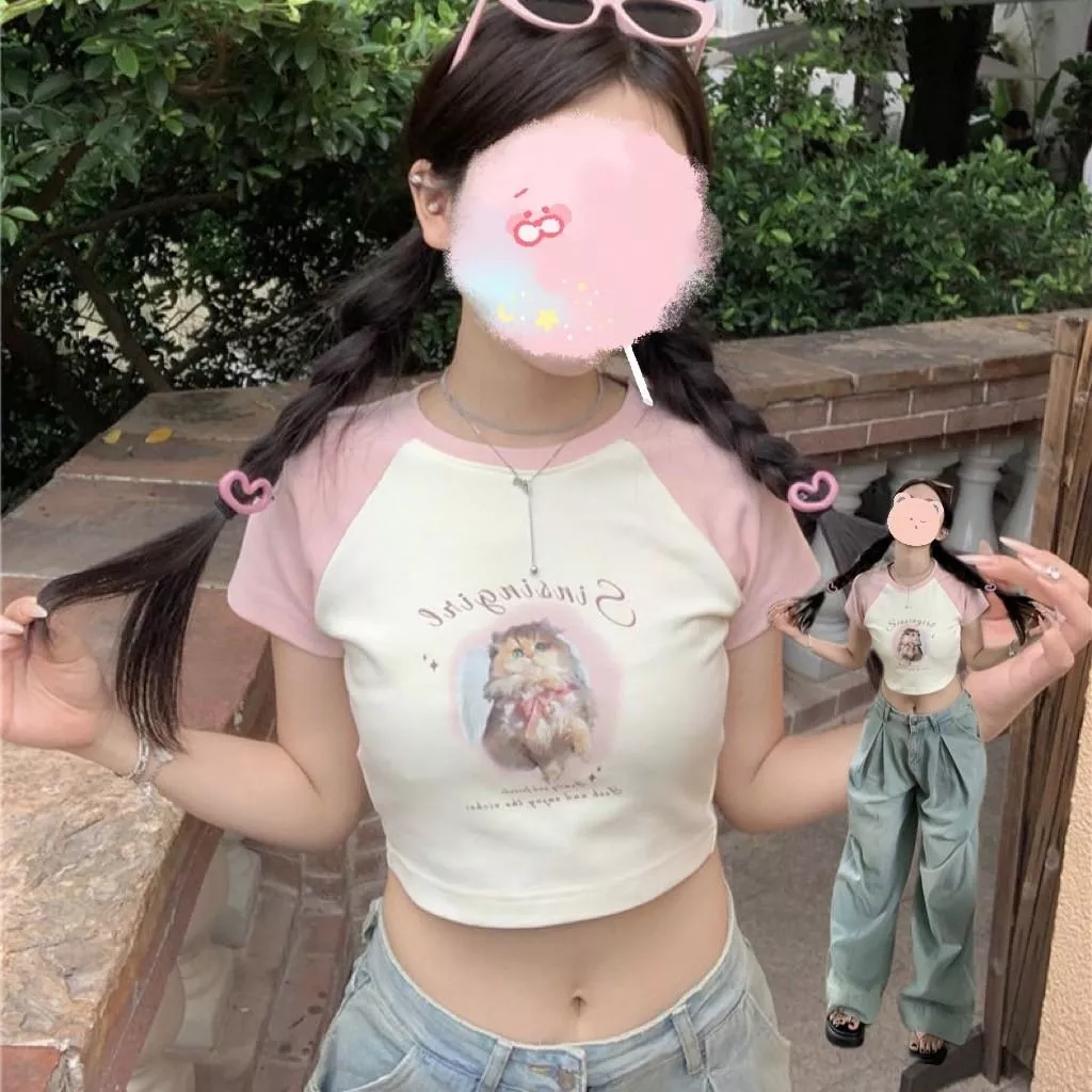 甜美可愛貓咪印花露臍短袖夏日修身上衣