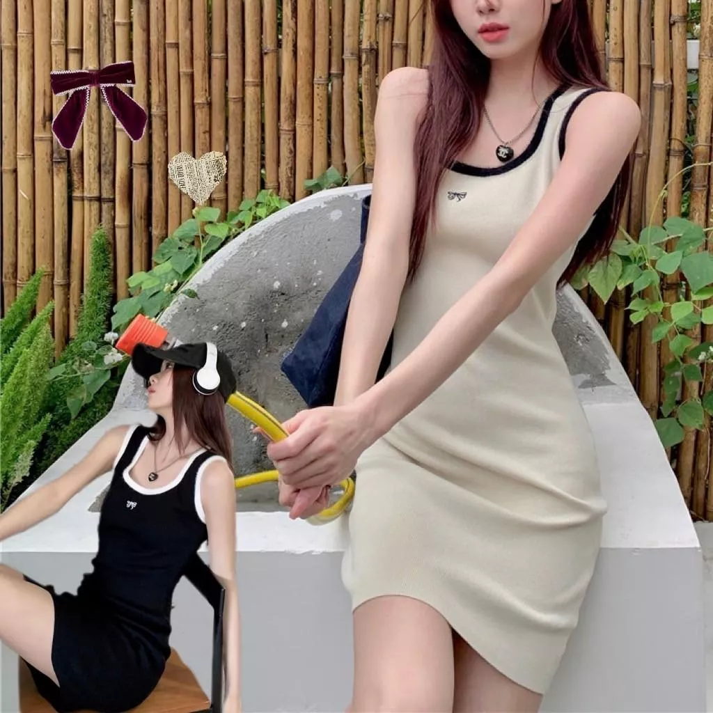 撞色無袖小蝴蝶結針織吊帶連衣裙