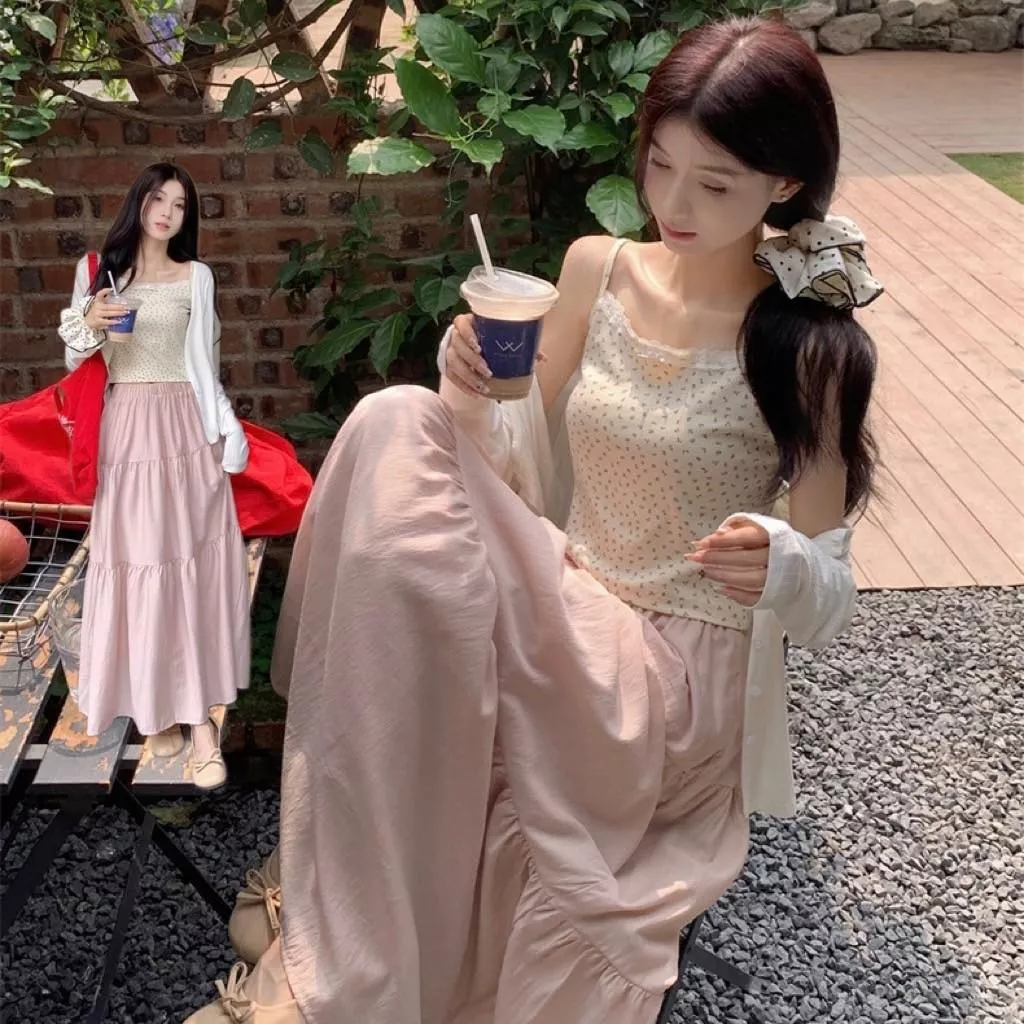 溫柔套裝碎花吊帶長袖開衫夏日三件套