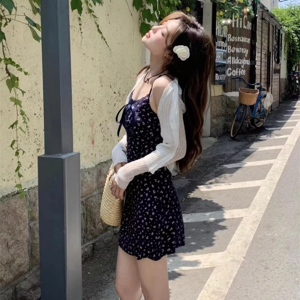 浪漫氣質蝴蝶結碎花夏日開衫兩件套(長款/短款)