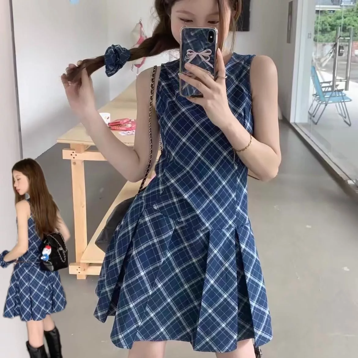 復古藍色格紋百褶短裙背心裙