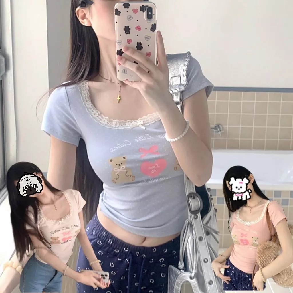 軟萌蕾絲花邊小熊甜美娃娃上衣