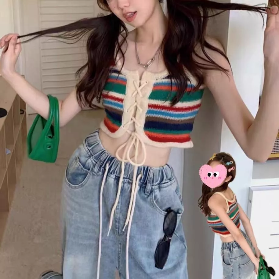 辣妹彩虹條夏日小吊帶綁帶背心