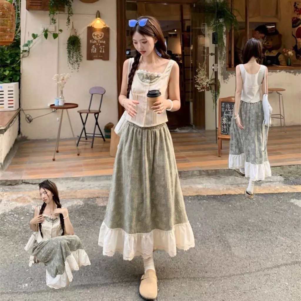 森林小兔格紋紋花邊兩件套裝