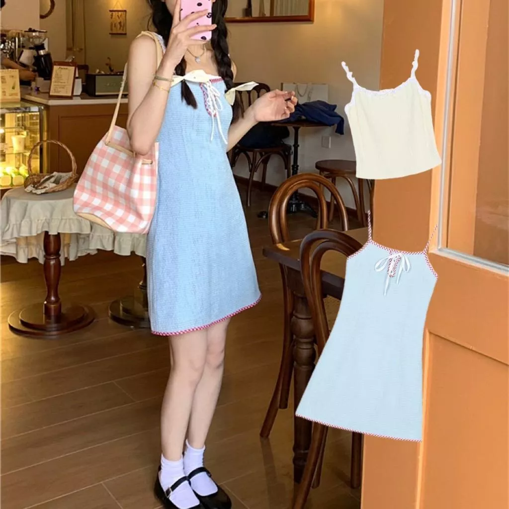 奶甜重工勾花夏日背心吊帶套裝