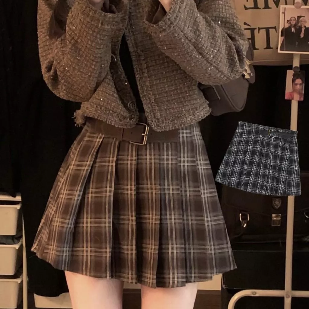 韓系女孩و韓系學院風百搭格子半身裙子
