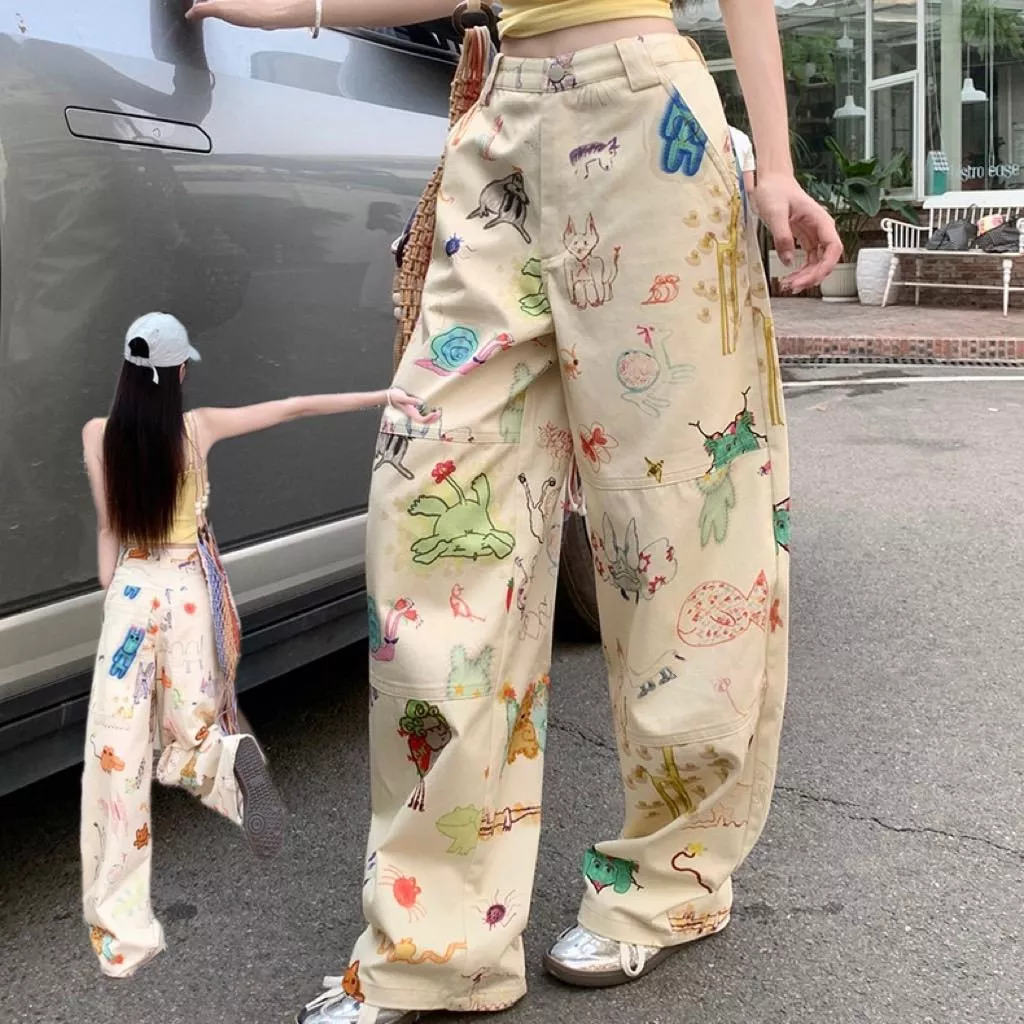 美式風彩色塗鴉風夏季高腰街頭長褲