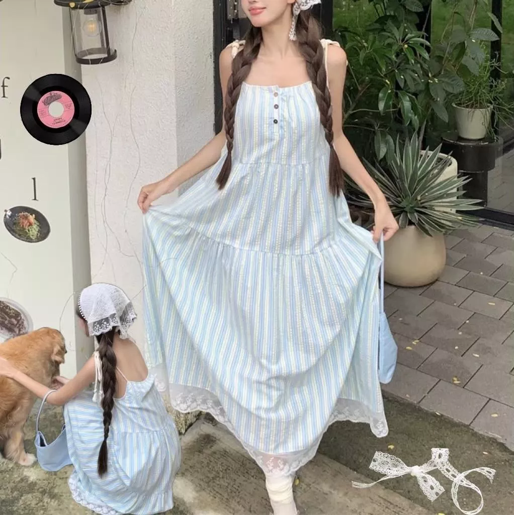 奶FUFU天空藍仙女小兔條紋長裙