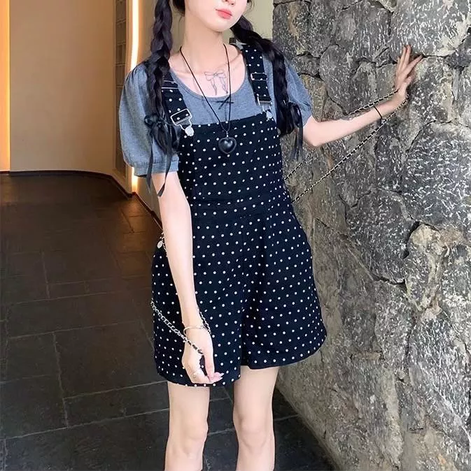 黑色波點夏日牛仔背帶短褲套裝
