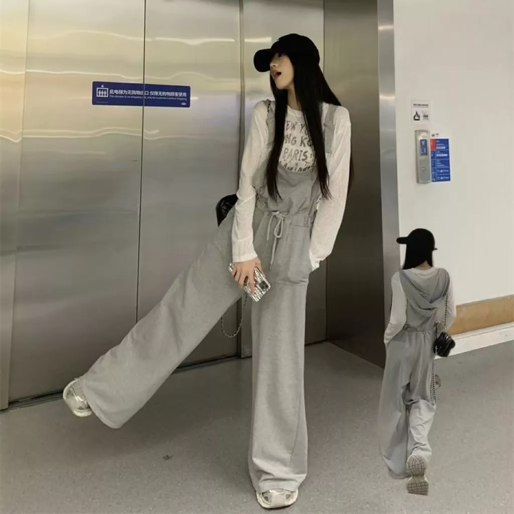 街頭風褲辣連帽闊腿連帽吊帶褲兩件套