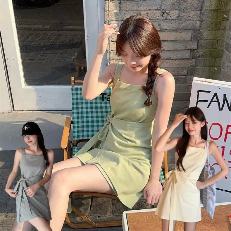 甜心無袖夏日收腰綁帶唇色連衣裙