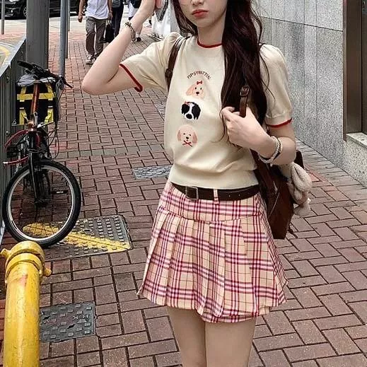 可愛小狗女孩甜系學院夏季格紋套裝