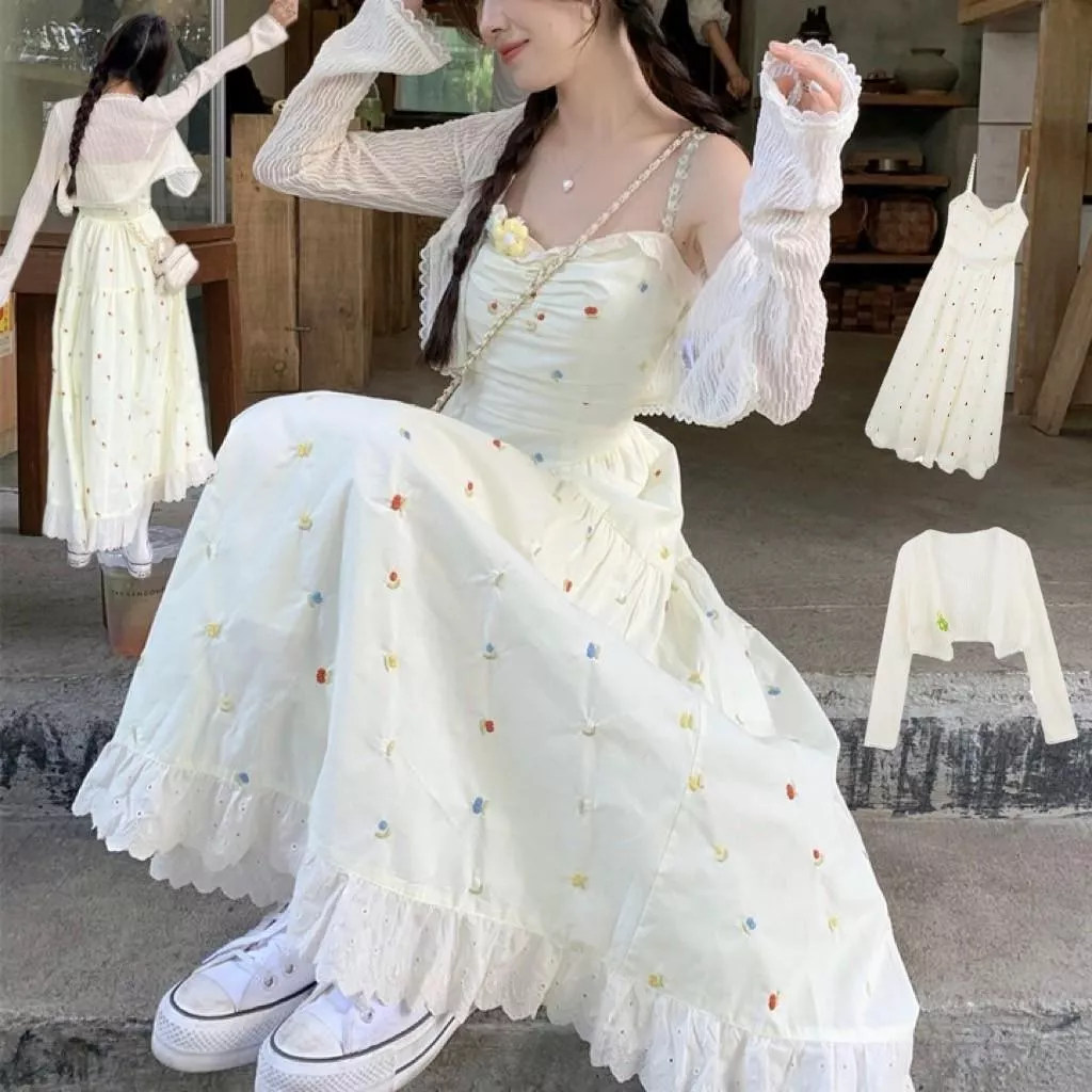 氣質海邊度假超仙碎花甜美吊帶裙套裝