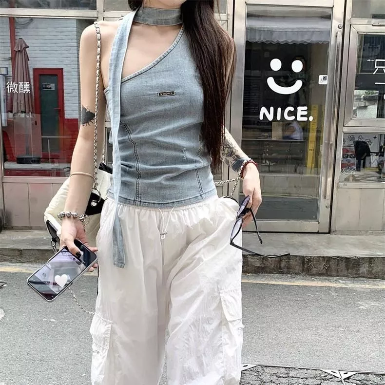 超辣牛仔吊帶音樂節夏日不規則上衣