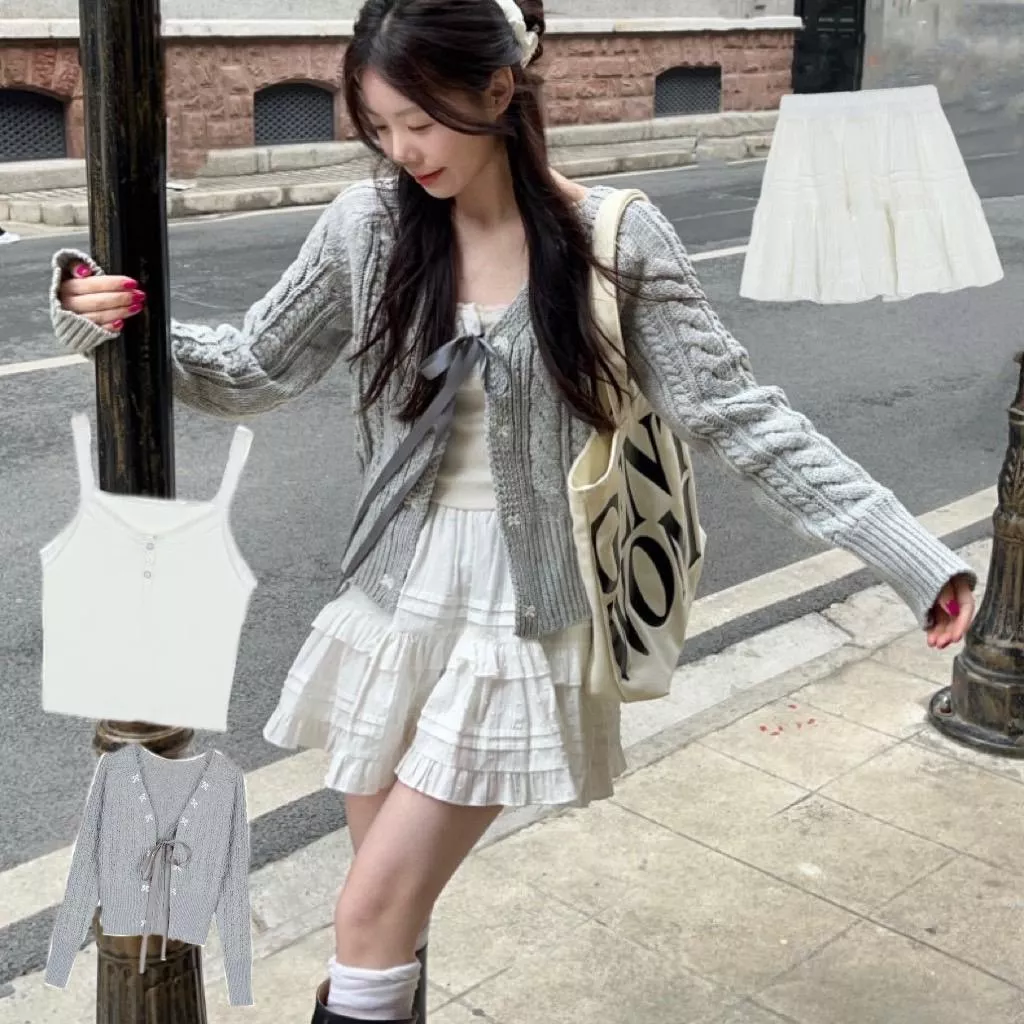 甜美蝴蝶結系帶針織麻花三件套裝