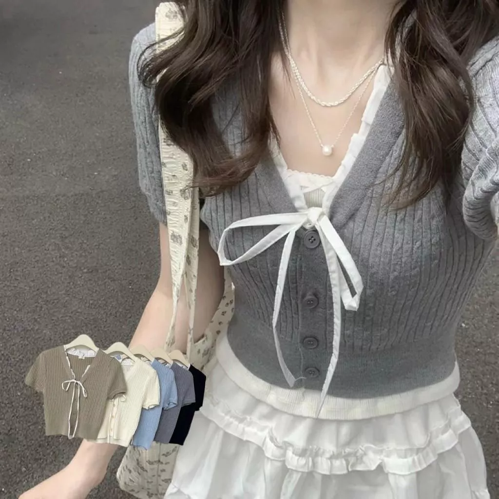 純欲芭蕾v領短袖針織小個子系帶上衣