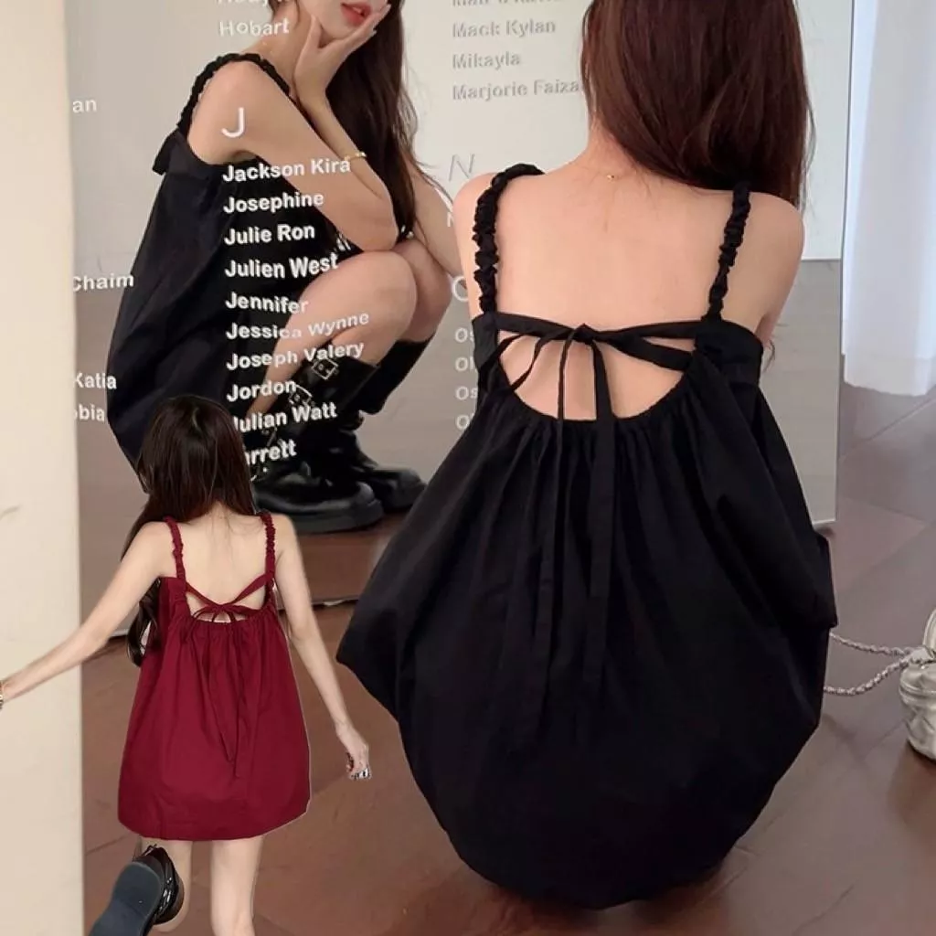 度假風純色吊帶女裝後背綁帶中長款背心上衣