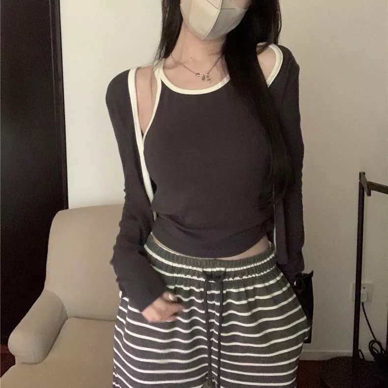 休閒質感套裝露肩性感條紋闊腿褲慵懶三件套