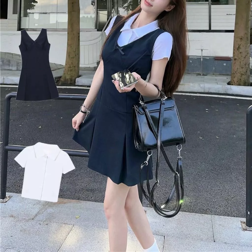 韓系學院風藏青色翻領短袖背心裙套裝