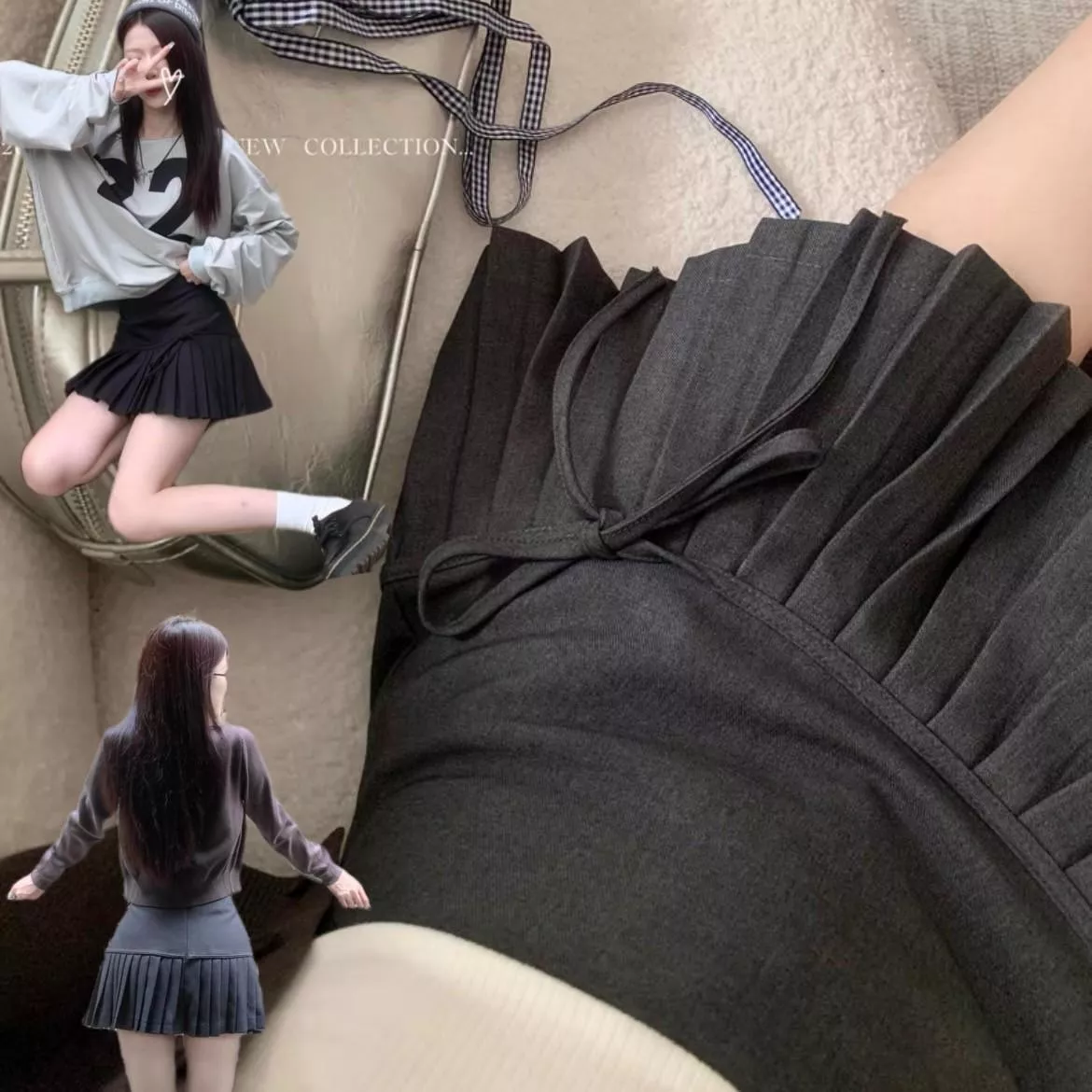 甜辣單邊蝴蝶結雙層百褶學生短裙