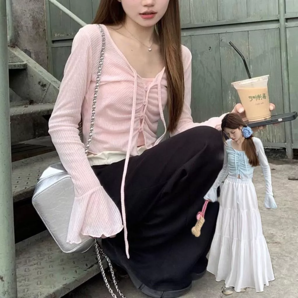 甜美喇叭袖飄帶邱夏季套裝