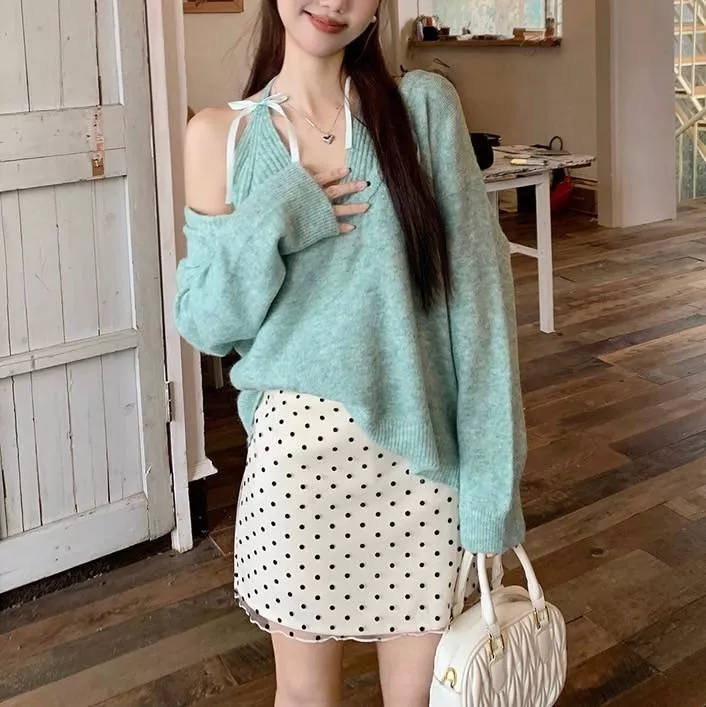 薄荷綠慵懶風波點包裙三件套