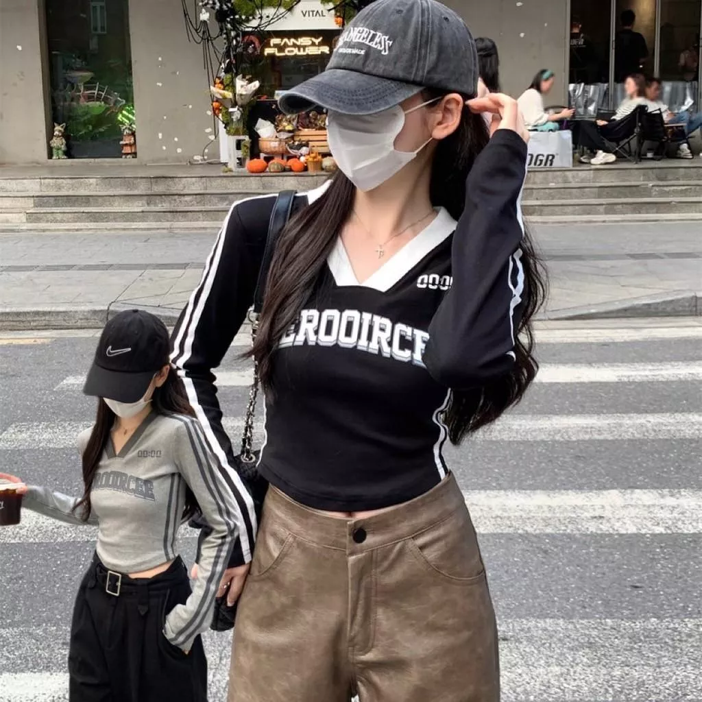 美式復古印花V領百搭修身縮腰上衣
