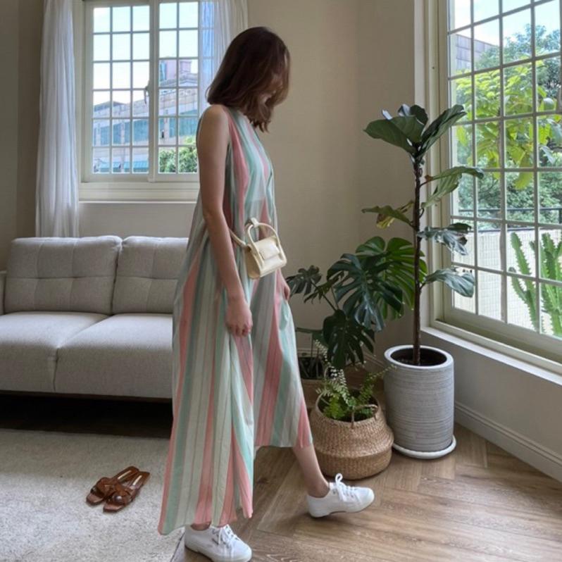仙女直條拼色露背綁帶 洋裝