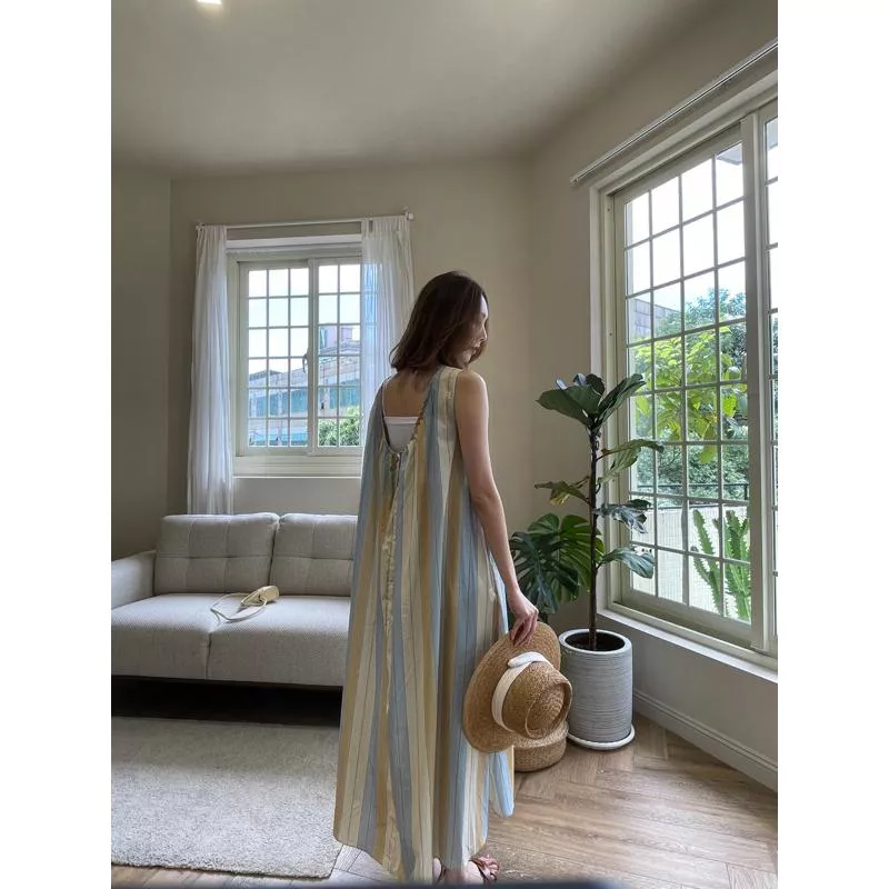 仙女直條拼色露背綁帶 洋裝