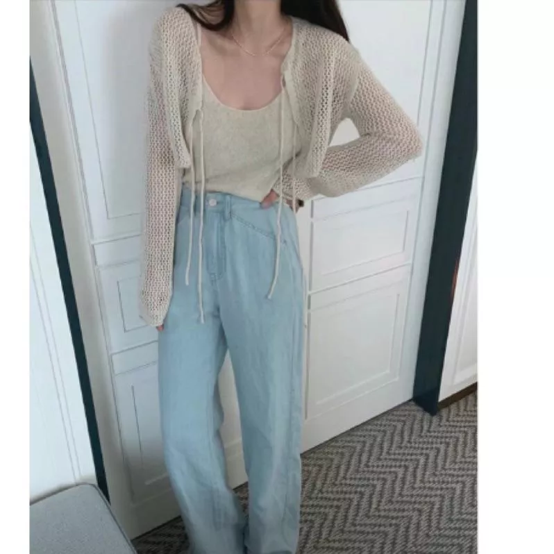 套裝組-針織背心+洞洞綁帶罩衫外套