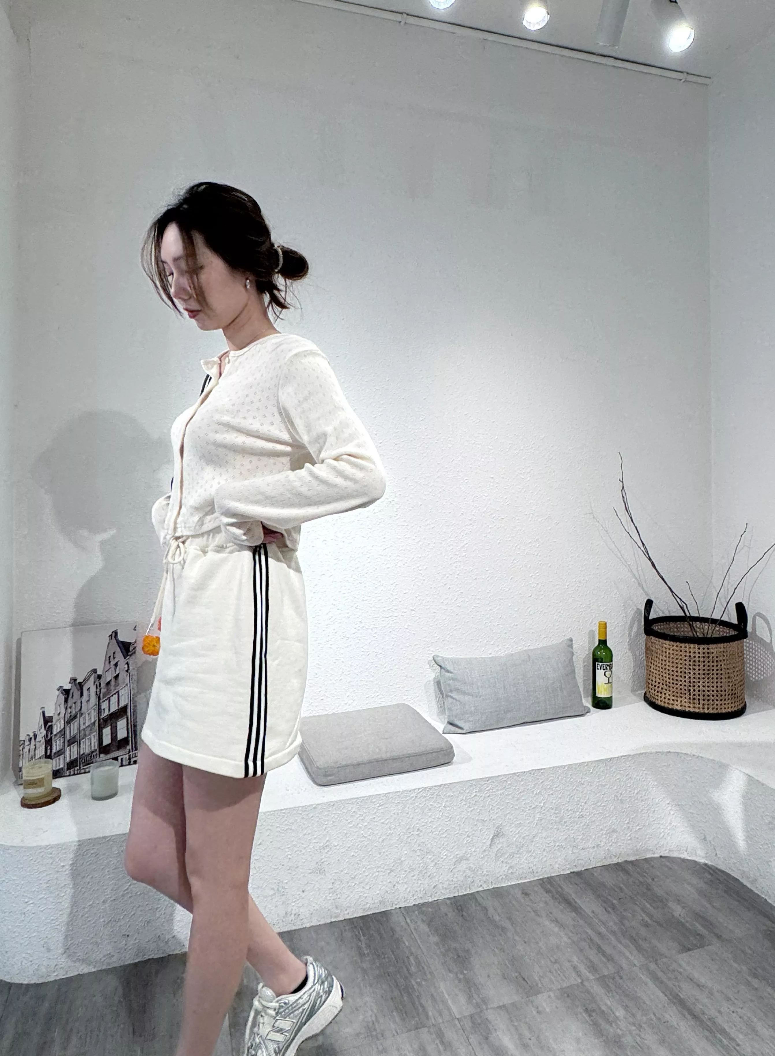 運動套裝 奶油色線條褲裙 棉裙