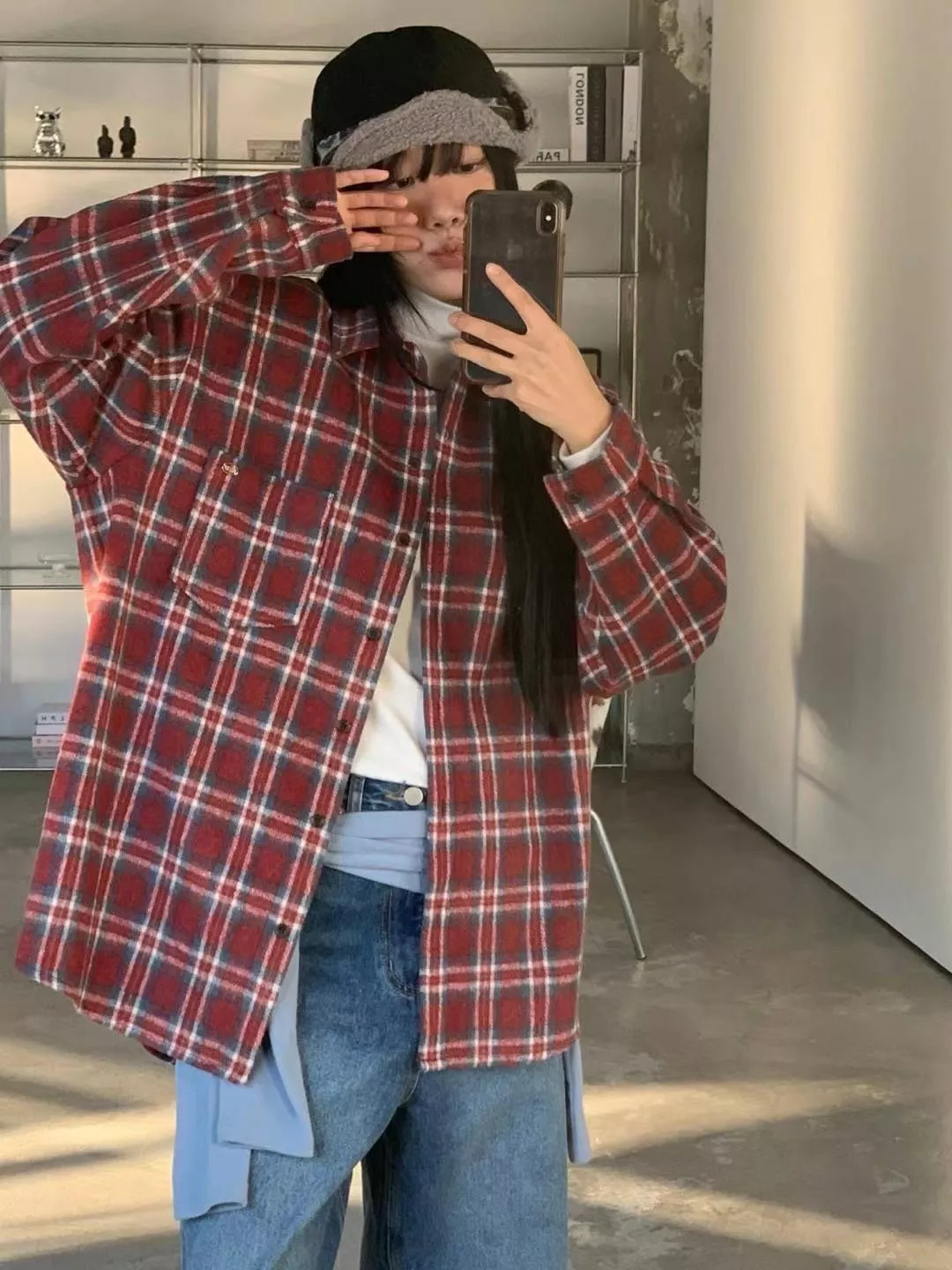 冬季配色絨感格紋襯衫