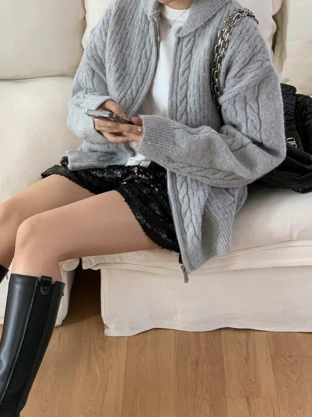 麻花雙拉鍊毛衣外套