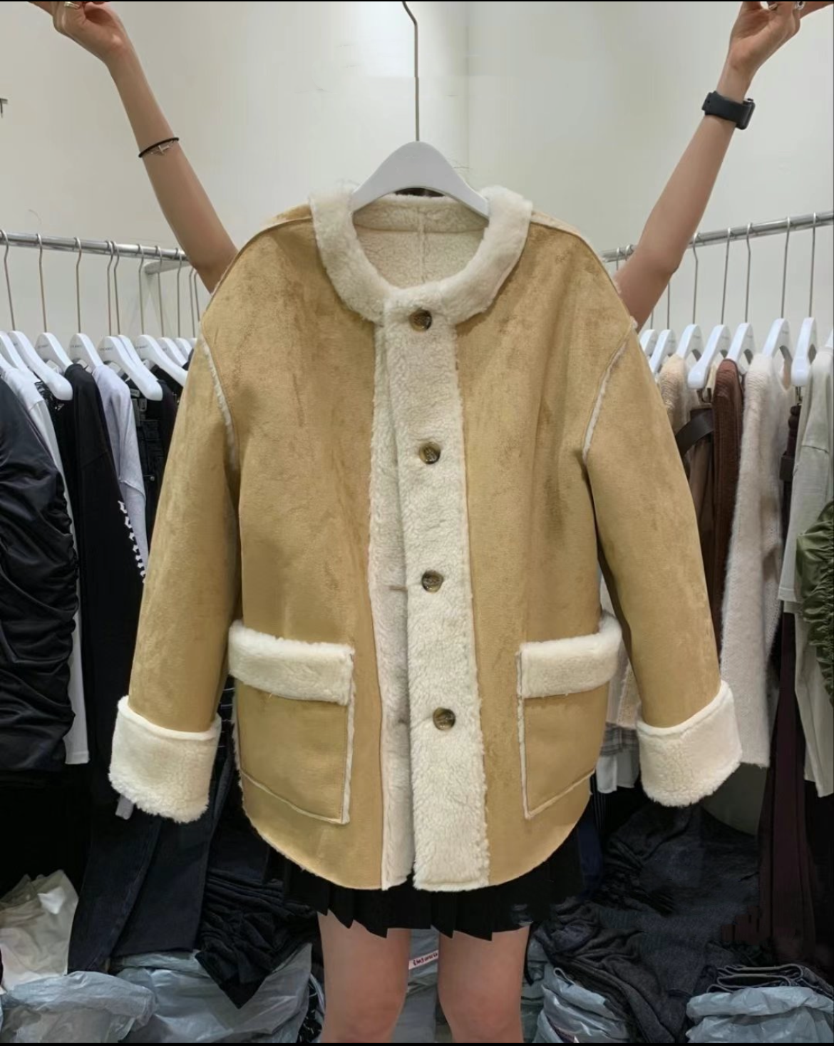 毛毛圓領翻毛皮大衣外套