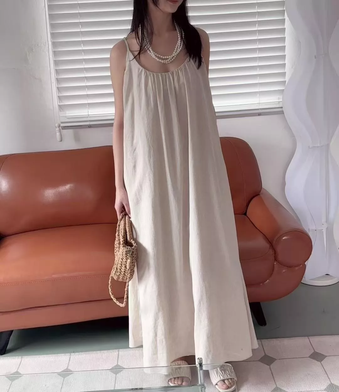 亞麻細帶飄飄洋裝