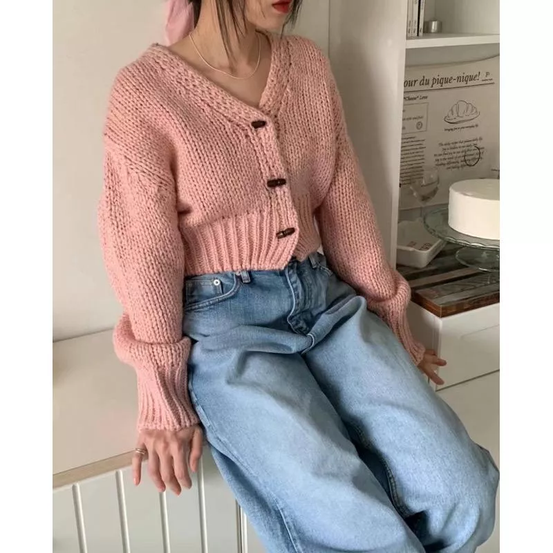 手工感 粗編織牛角扣毛衣外套