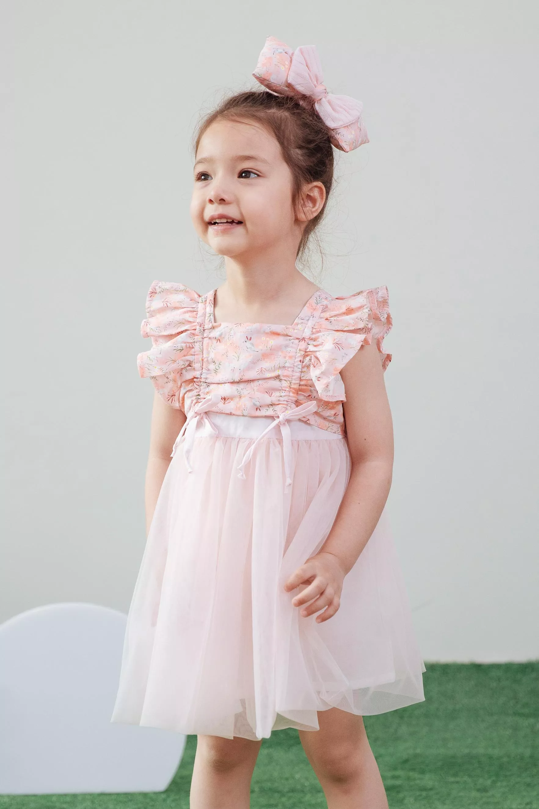 蝴蝶袖拼色紗裙-甜心兔貍